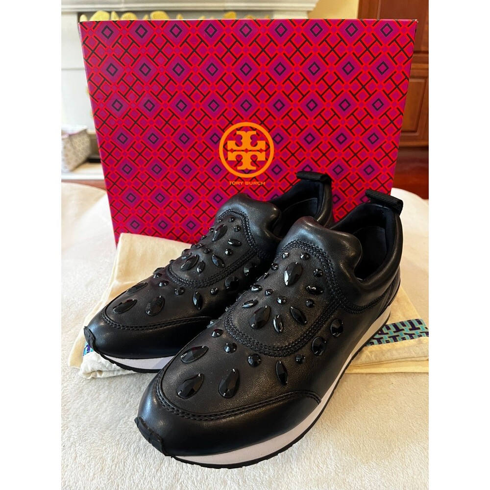 Tory Burch size 9 NEW in Box Laney Embellished Leather Sneakers Black Slip On